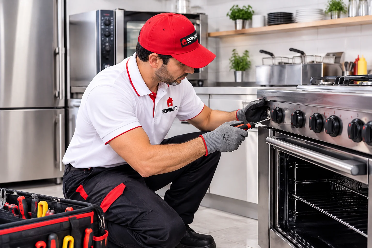 Técnico de Servialto reparando equipo de cocina profesional en Madrid